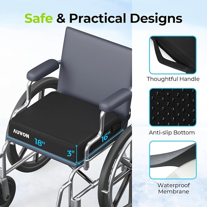 AUVON Cooling Gel Seat Cushion for Long Sitting without Stuffiness, Memory Foam Wheelchair Seat Cushion for Back & Sciatica Relief, Breathable Chair Cushion with Strap for Car, Office, Home, Anti-Slip