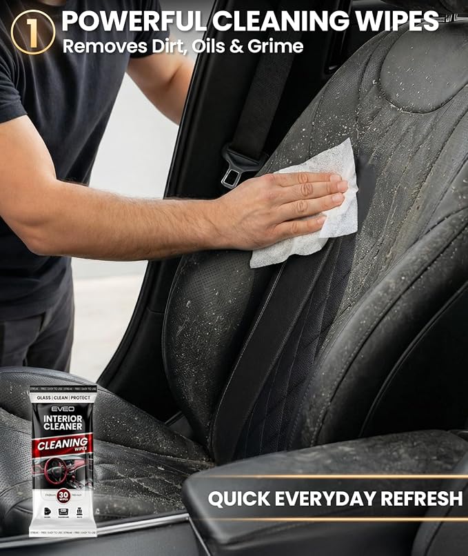 EVEO Car Wipes Interior Cleaning Kit -3-in-1 Car Cleaning Wipes Car Interior Wipes | Interior Car Wipes, Car Cleaning Kit Interior & Exterior - Protectant, Glass and Cleaning All Surfaces (90 Wipes)