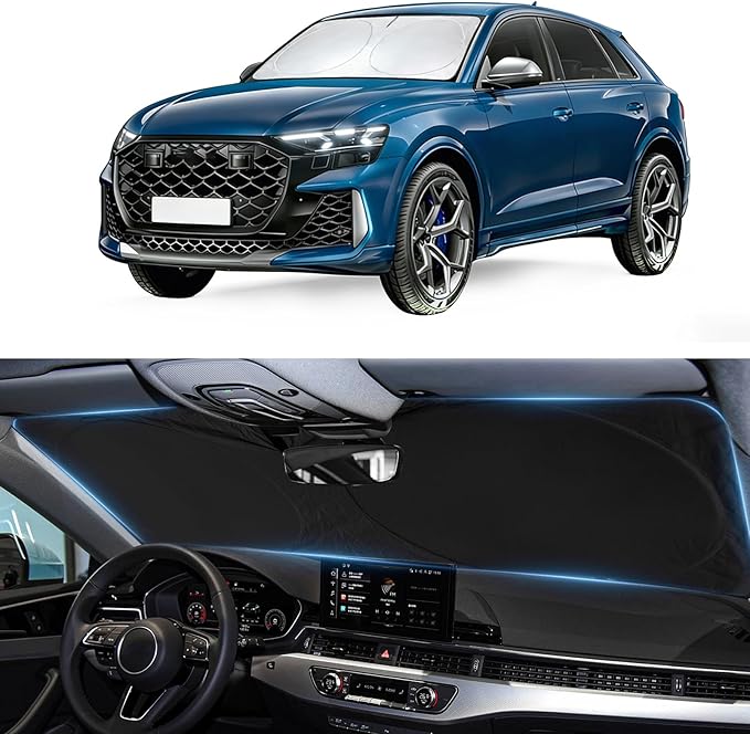 Sun Shade for Audi Q8 Windshield Sunshade Custom Fit Audi Q8 2019-2023 2024 2025 2026 Foldable Front Window Cover Retractable Sun Visor Protector Interior Cool UV Rays Blocker
