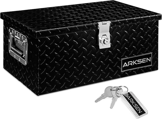 ARKSEN 20 x 12 x 10 Inch Diamond Plate Truck Bed Tool Box, Heavy Duty Waterproof Aluminum Storage Chest with Side Handle & Lock for Pickup Truck Bed, RV & Trailer Black