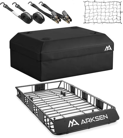 ARKSEN 64" x 34" x 6" Roof Rack Cargo Basket with Extension, 150 LBS Universal Heavy Duty Steel Rooftop Carrier with Waterproof Bag, Cargo Net & Tie Down Straps for SUV, Truck, RV, Pickup