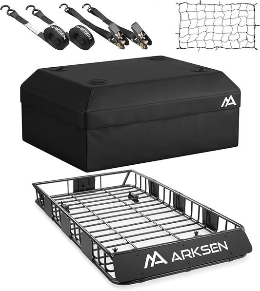 ARKSEN 64" x 34" x 6" Roof Rack Cargo Basket with Extension, 150 LBS Universal Heavy Duty Steel Rooftop Carrier with Waterproof Bag, Cargo Net & Tie Down Straps for SUV, Truck, RV, Pickup