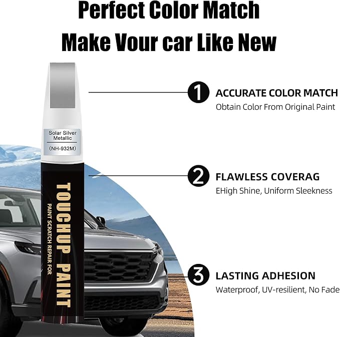 Solar Silver Metallic(NH-932M) Car Paint Touch Up Pen Compatible with Honda,2-In-1 Color Accurate Touch Up Car Scratch Repair Paint Match Honda Series Automotive Scratch Remover for Nicks & Chips Repair