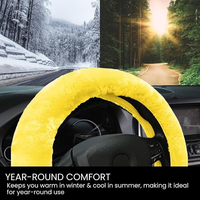 Andalus Brands Luxury Fluffy Car Steering Wheel Covers – Genuine Merino Sheepskin, Soft Fuzzy Car Steering Wheel Cover for Women, Universal 14.5-15" Size, Plush Fur Cute Auto Accessories, Lemon