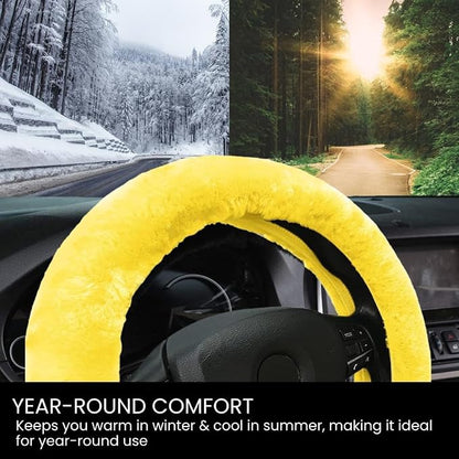 Andalus Brands Luxury Fluffy Car Steering Wheel Covers – Genuine Merino Sheepskin, Soft Fuzzy Car Steering Wheel Cover for Women, Universal 14.5-15" Size, Plush Fur Cute Auto Accessories, Lemon