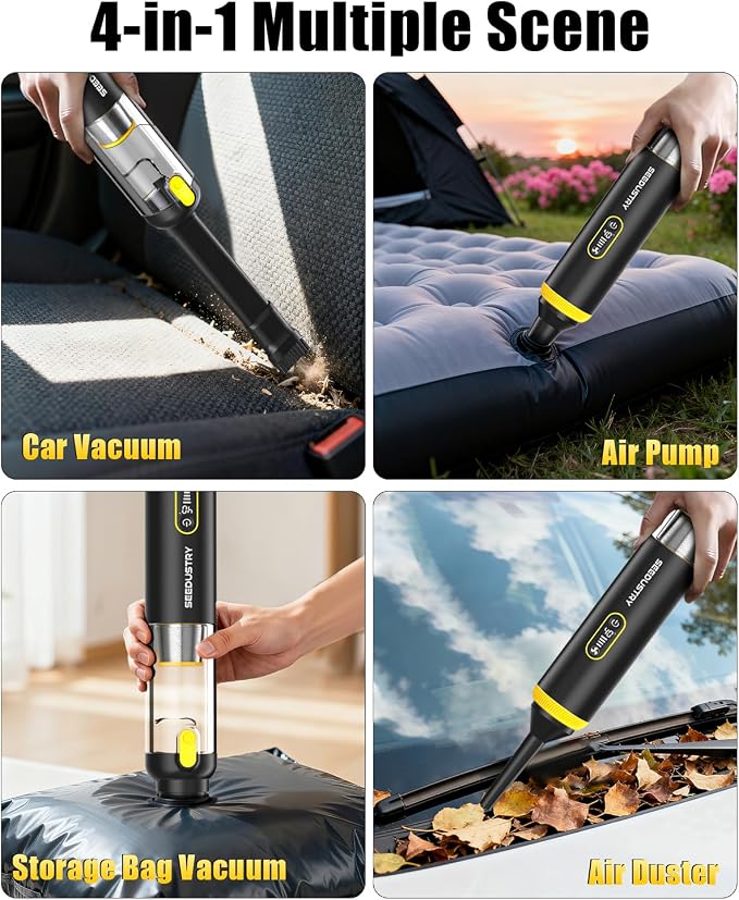 SEEDUSTRY Handheld Vacuum Cleaner Cordless, Mini Small Car Vacuum, Portable Pet Hair Vacuum, 3 Suction Modes-Up to 18000pa, 6 Blow & Suck & Deflate & Inflate Nozzles for Car, Pet, Office, Home