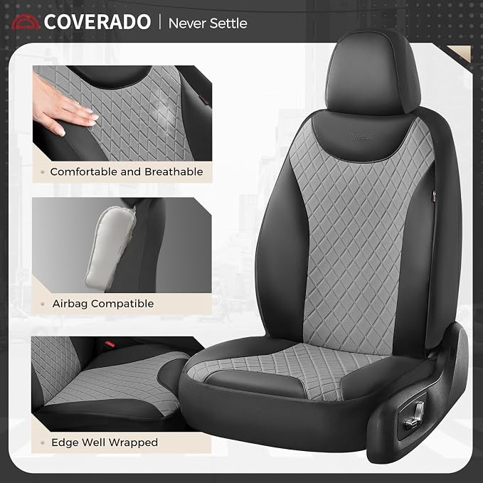 Coverado Car Seat Covers, 5 Seats Front and Rear Seat Covers for Cars, Leather Seat Covers Waterproof Car Seat Protectors, Automotive Seat Cushions Universal for Most Sedan, SUV, Truck, Black & Gray
