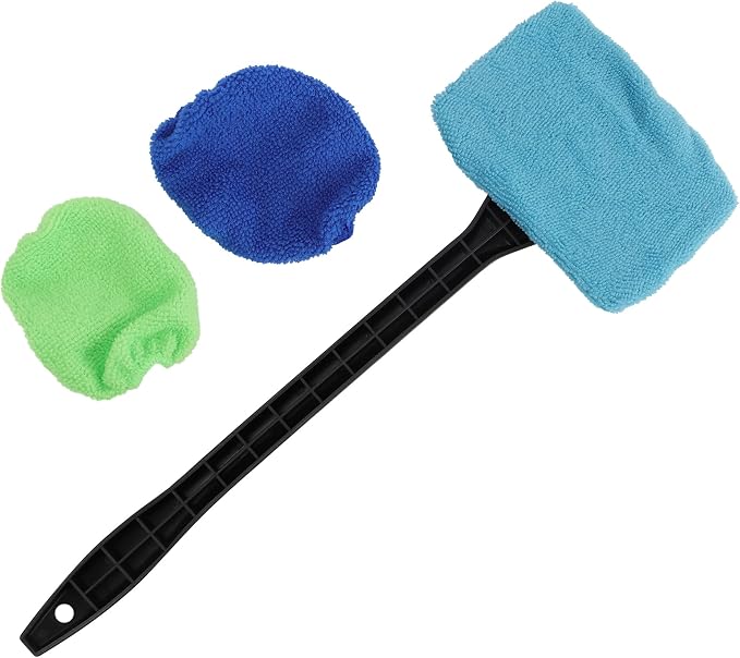 Windshield Cleaner Tool-Car Interior Window Cleaning Kit with Handle & 3 Microfiber Pads, Auto Inside Windshield Wiper Brush Washer Towel for Car & Home Windows