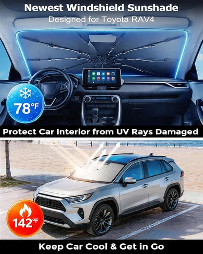 DMJN Umbrella Windshield Sun Shade for Toyota RAV4, Car Sunshade for Front Windshield [Nano Ice-Crystal Coatings] UPF50+ Heat & UV Block, Protect Interior & Keep Cooler