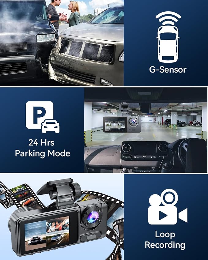 Dash Cam Front Rear with 3 Channel, 4K Full UHD Car Camera, 5GHz WiFi & App Control, Free 32GB Card Included, Dash Camera for Cars with IR Night Vision, 24 Parking Mode, Loop Recording, G-Sensor