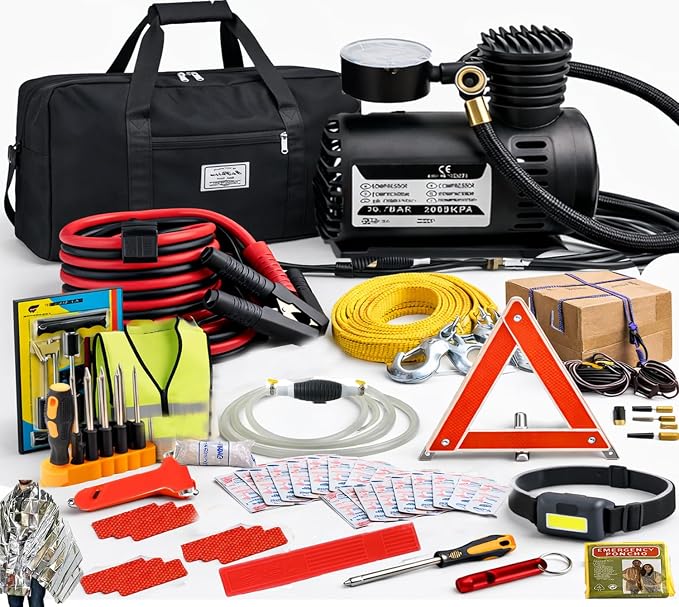 Car Emergency Kit, Emergency Roadside Car Safety Kit with10FT Jumper Cable, Tow Strap, Safety Hammer