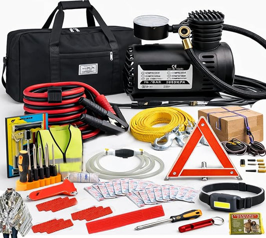 Car Emergency Kit, Emergency Roadside Car Safety Kit with10FT Jumper Cable, Tow Strap, Safety Hammer