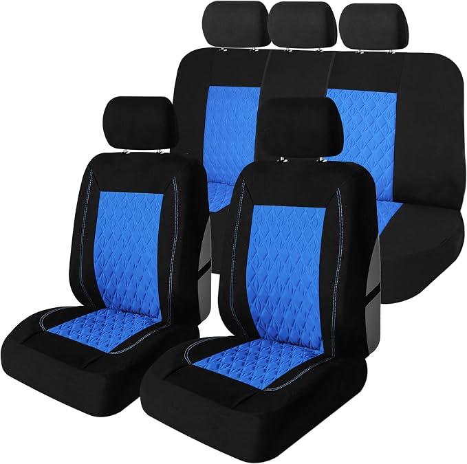 Universal Fit Diamond Stitched Flat Cloth Car Seat Covers Full Set - Blue