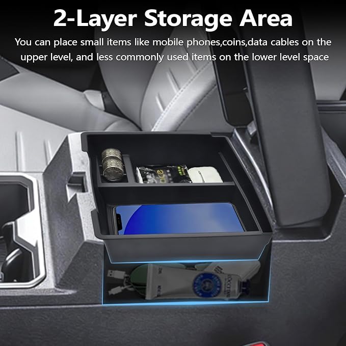 Center Console Organizer Tray fits 2024-2026 Toyota Tacoma Accessories, ABS Plastic & Anti-Slip Rubber Storage Box with Charging Hole for Tacoma Interior Accessories