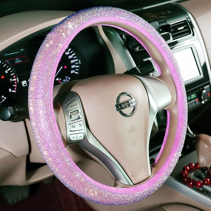 Car Fuzzy Bling Steering Wheel Cover for Women Purple, 15 Inch Universal with Colorful Diamonds Rhinestone Cute Accessories Crystal Anti-Slip Wheel Protectorer