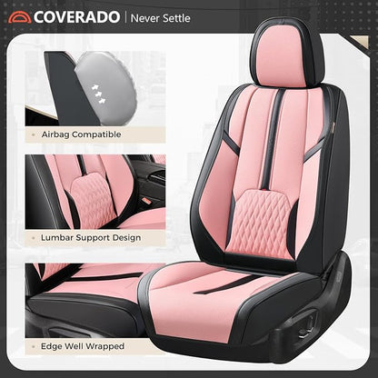 Coverado Leather Seat Cover Full Set, Waterproof Car Seat Covers with Lumbar Support, Front and Rear Seat Covers for Car, Universal Car Seat Protectors Car Seat Cushion Fit for Most Cars (Black&Pink)