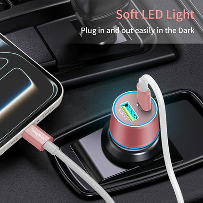 67.5W Pink Car Charger USB C Super Fast Charging, 45W USBC&QC3.0 Port Plug for iPhone 17 Pro Max/Air/16/15/iPad, Samsung S26 Android Cell Phone, Dual 12V Cigarette Lighter Adapter+3.3 ft Type C Cable