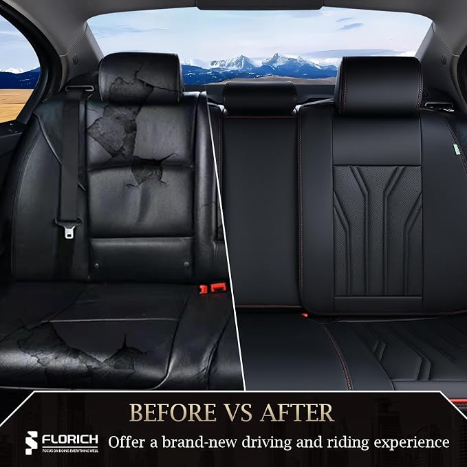 FLORICH Rear Seat Covers Leather Car Seat Covers Waterproof Back Seat Cover Automotive Seat Covers Universal Seat Cushion Protector for Most Cars Trucks SUV-Black&Red Line