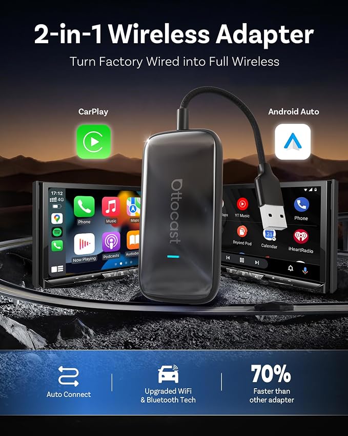 OTTOCAST Play2Video Ultra – Wireless CarPlay & Android Auto Adapter with YouTube, Netflix, Spotify, IPTV | 5GHz WiFi, Auto Connect, No Delay