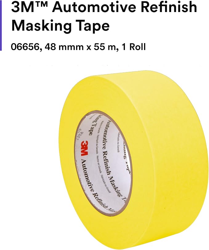 3M Automotive Refinish Masking Tape 388N, 06656, 48 mm x 55 m, Yellow, Crepe Backing, Moisture Resistant, Multi-Purpose, 1 Roll