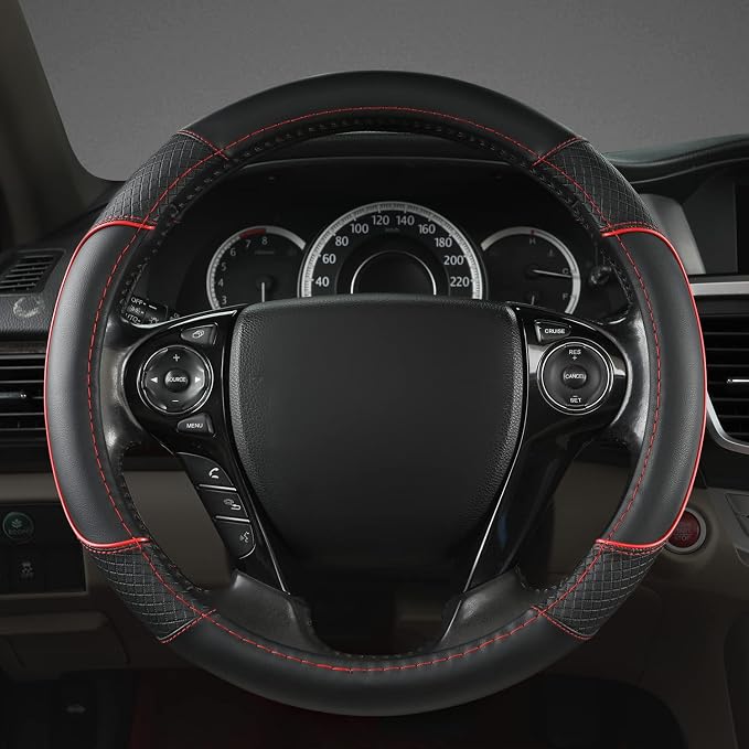 GIANT PANDA Steering Wheel Cover for Honda Civic(2006-2015),CR-Z, Insight, S2000 (Black+Red Line-Small Size)