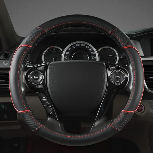 GIANT PANDA Steering Wheel Cover for Honda Civic(2006-2015),CR-Z, Insight, S2000 (Black+Red Line-Small Size)