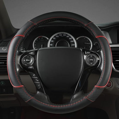 GIANT PANDA Microfiber Leather Steering Wheel Cover for Honda Accord,Civic,CR-V,HR-V,Pilot(Diamond-Pattern-Black+Red Line-Standard Size)