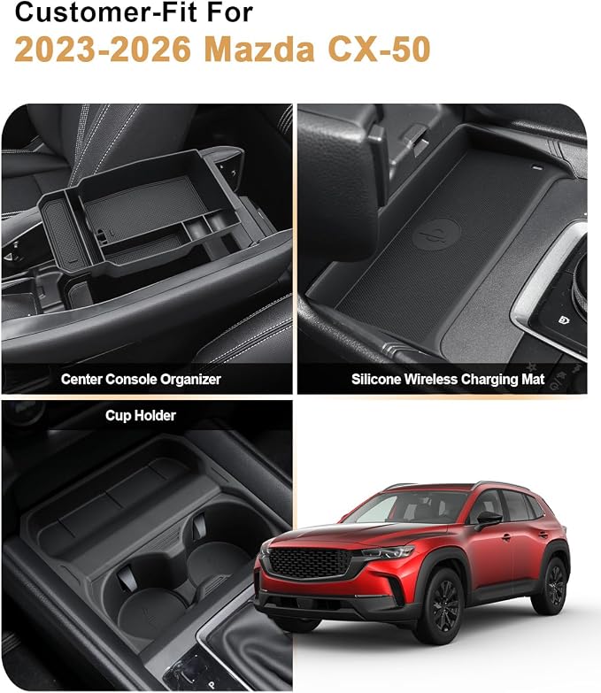 Center Console Organizer Set for 2023-2026 Mazda CX-50-3 Pcs Armrest Box Storage Tray + TPE Center Console Cup Holder Insert + Silicone Wireless Charging Mat for 2023-2026 CX-50 Accessories