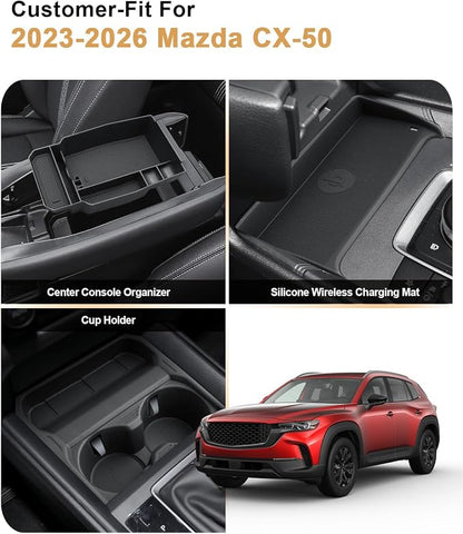 Center Console Organizer Set for 2023-2026 Mazda CX-50-3 Pcs Armrest Box Storage Tray + TPE Center Console Cup Holder Insert + Silicone Wireless Charging Mat for 2023-2026 CX-50 Accessories