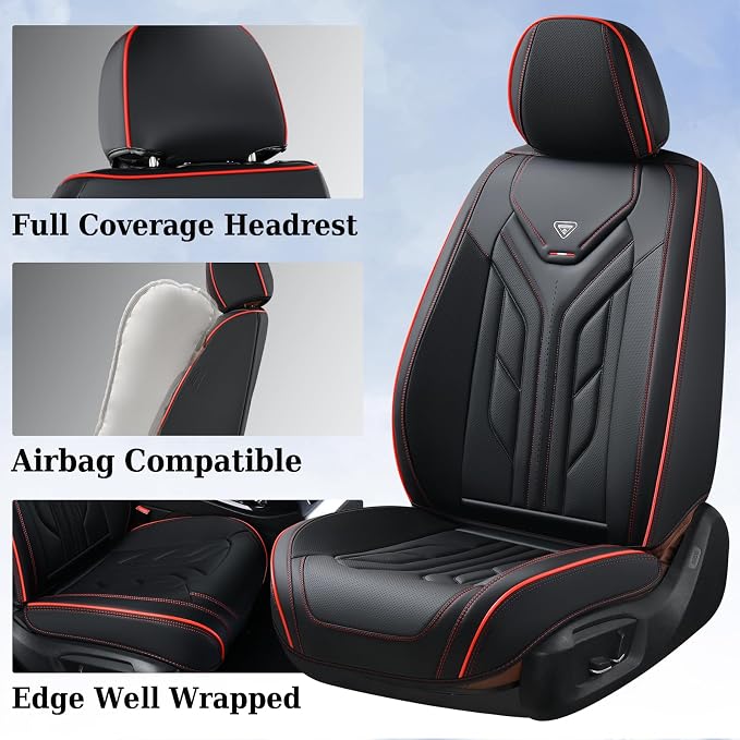 Coverado Front Car Seat Covers, 2Pcs Leather Seat Covers for Cars, Car Seat Protector Front Seats Only Auto Car Accessories Fit for Most Sedans SUV Pick-up Truck(Black&Red)