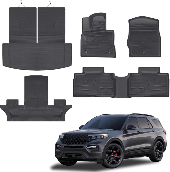 KARPAL Floor Mats for 2020-2025 Ford Explorer (Fit 6 & 7 Seat), Custom Fit TPE All Weather Ford Explorer Accessories 1st & 2nd & 3th Row Floor Liner & Trunk Mat with Backrest Mat