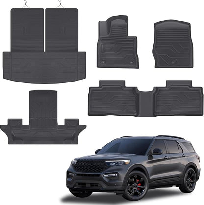 KARPAL Floor Mats for 2020-2025 Ford Explorer (Fit 6 & 7 Seat), Custom Fit TPE All Weather Ford Explorer Accessories 1st & 2nd & 3th Row Floor Liner & Trunk Mat with Backrest Mat