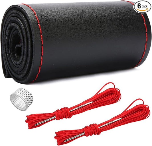 Ziciner Genuine Leather Steering Wheel Cover, Stitch on Wrap, Breathable Anti-Slip Car Steering Wheel Protector for Max Diameter 15 Inch, DIY Sewing with Needles Thread (Black/Red Line, Glossy)
