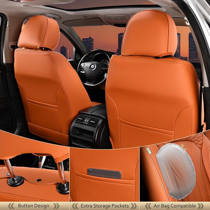 FLORICH Seat Covers, Leather Car Seat Covers Front Seats, Automotive Seat Covers Waterproof Car Seat Cushion Orange Seat Cover Protector Universal Fit for Most Cars Trucks SUVs