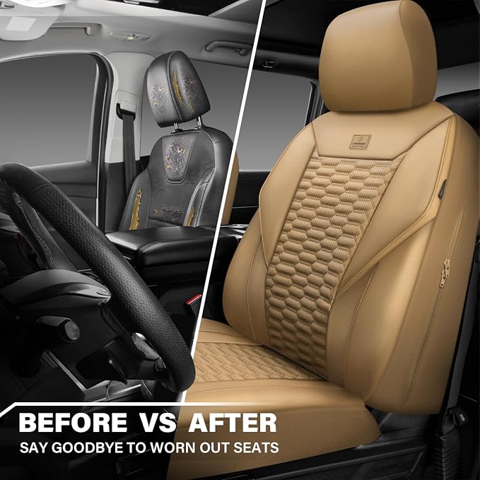 CAR PASS 3D Foam PU Leather Car Seat Covers Front Seats,Tan Faux Leather Front Seat Covers for Cars, Universal Fit for SUVs Trucks Vans Sedans Automotive, Armrest Airbag Compatible,Beige