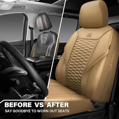 CAR PASS 3D Foam PU Leather Car Seat Covers Front Seats,Tan Faux Leather Front Seat Covers for Cars, Universal Fit for SUVs Trucks Vans Sedans Automotive, Armrest Airbag Compatible,Beige