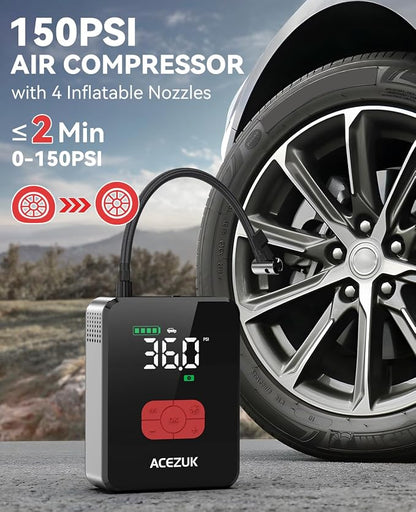 Jump Starter with Air Compressor, 8000A 150PSI Portable Car Jump Starter, 12V Jump Start Pack (All Gas/12L Diesel),Portable Car Jump Starter with Smart Jump Cables, LED Lights