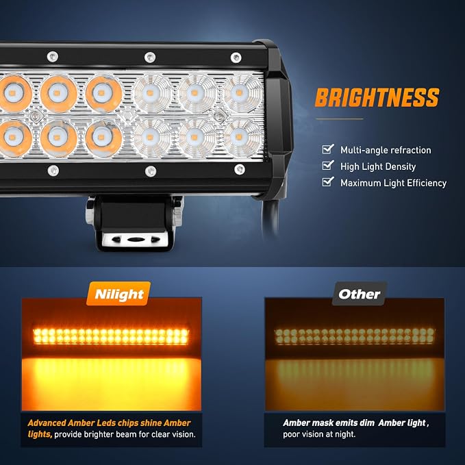 Nilight LED Light Bar 20 Inch 126W Spot Flood Combo Amber Beam Off Road Lamp Fishing Hunting Emergency Deck Work Lighting for Trucks UTV Pick-up Van Boat Tractor
