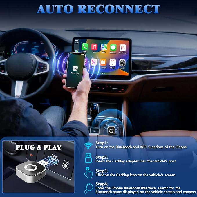 4-in-1 Wireless CarPlay Adapter for Apple CarPlay & Android Auto & AirPlay & MirrorLink, 2026 Upgraded Screen Mirroring Mini USB Adapter with Type-C Extension, Low Latency, Plug & Play