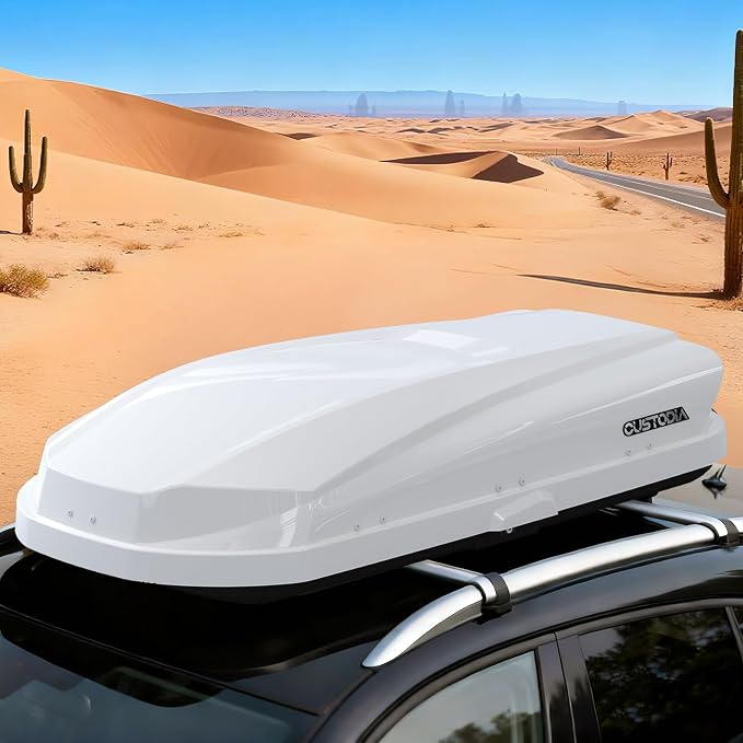 Hard Shell Rooftop Cargo Carrier with Roof Box, Heavy Duty Weatherproof 14 Cubic Feet Rooftop Cargo Carrier for Car Storage, Security Keys, White
