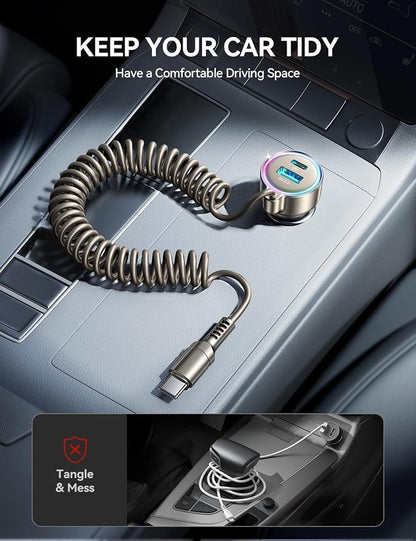 72W Car Charger USB C for iPhone 16/15, 36W Super Fast Charging Type C Coiled Cable for iPhone 16/15 Pro Max Plus/Samsung S24 Ultra/S24+/S23/S22, Car Phone Charger Adapter for Pixel/Android, iPad Pro