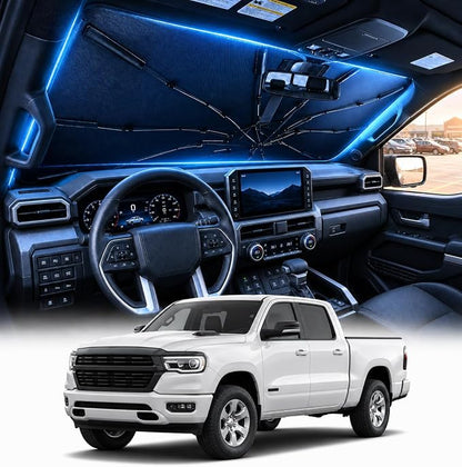 [2026 Upgraded] DooGooCoo Windshield Sun Shade Umbrella for Dodge RAM 1500 2500 3500 [100% Sunlight Blocked, Cooling Ice Crystal] Sunshade for Car Windshield for RAM Sun Shade 2019-2026.