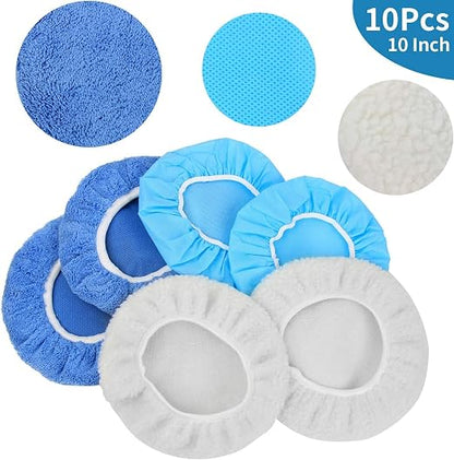 10PCS 9-10 inch Polisher Pad Bonnet Orbital Car Buffing Polishing Pad Cover - 5PCS Microfiber, 3PCS Wax Buffer, 2PCS Woolen Fleece Polishing Bonnet
