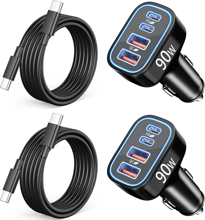 90W Fast Car Charger USB C, 2 Pack 4-Port Cigarette Lighter USB Charger Super Fast Charging, Multiport Car Phone Charger Accessories for iPhone 17/16/15/14/13/12 Pro Max, iPad, Galaxy, Tablet, Android