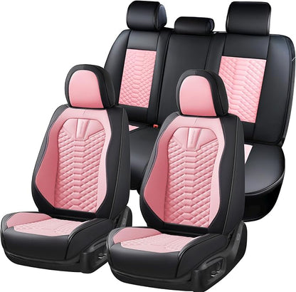 Coverado Seat Covers Full Set, Waterproof Nappa Leather Seat Covers for Cars, 5 Seats Universal Car Seat Protectors, Black and Pink Leather Car Seat Covers Car Seat Cushions Fit for Most Cars