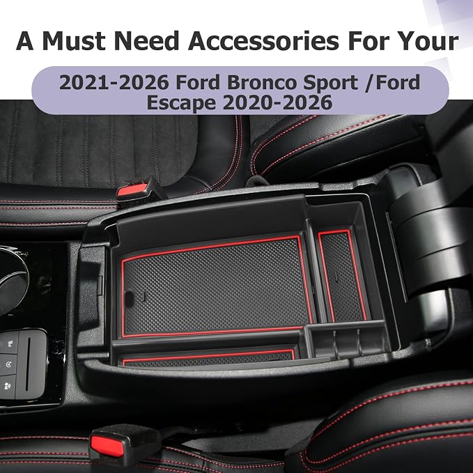 LUWU Center Console Organizer Compatible with Bronco Sport 2021-2026/Ford Escape 2020-2026 Accessories Armrest Console Storage Box Insert Tray ABS Material Black Coin Container Red