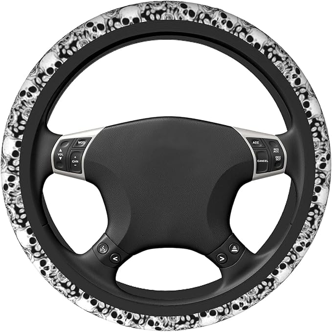 Skull Steering Wheel Cover Non Slip Black and White Neoprene Steering Wheel Protector Covers Universal 15 inch for Women Men Car Accessories