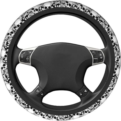 Skull Steering Wheel Cover Non Slip Black and White Neoprene Steering Wheel Protector Covers Universal 15 inch for Women Men Car Accessories