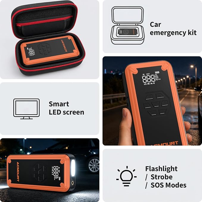 W160 Jump Starter with Air Compressor, 5000A Portable Car Jump Starter 150PSI Tire Inflator/Air Pump, 12V Battery(Up to 9L Gas/8L Diesel Engine) Jump Pack Car Emergency Kit Idea Gift for Man (Orange)