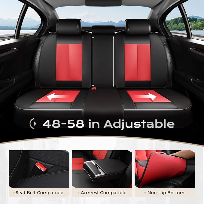 Coverado Seat Covers Full Set, 5 Seats Seat Covers for Cars, Waterproof Nappa Leather Car Seat Covers with Head Pillow, Seat Protectors Car Seat Cushion Universal Fit for Most Cars (Black&Red)